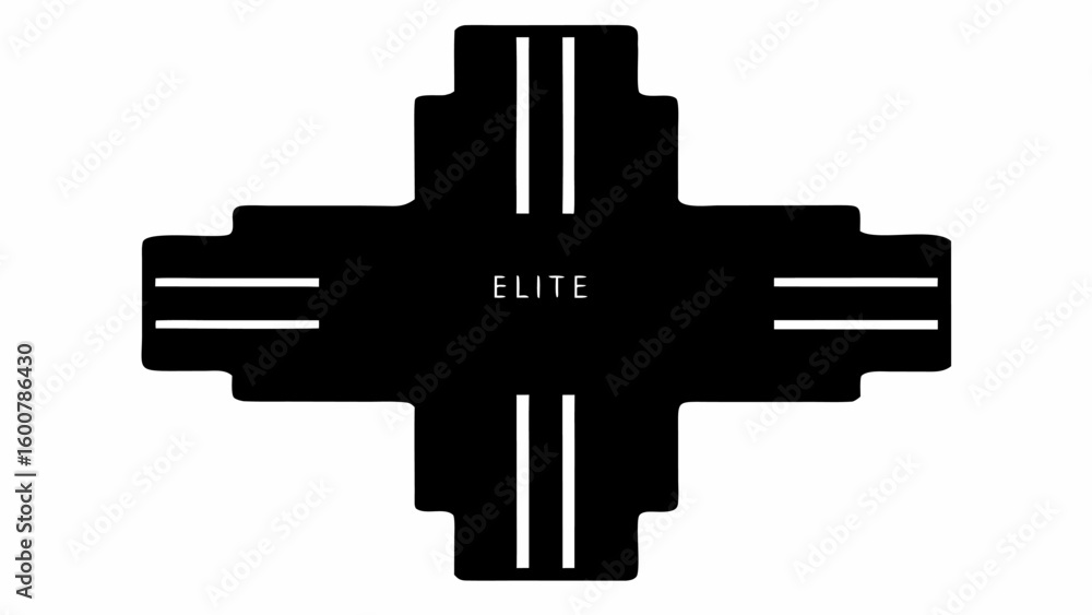Poster black cross shape with the word elite in the center and white lines across each section of the cross