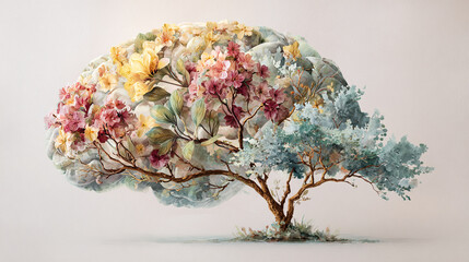 Watercolor painting of a brain shaped tree with colorful flower blossoms