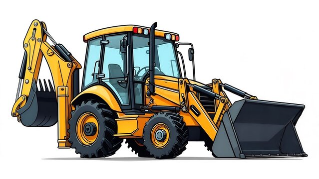 Yellow backhoe loader with front scoop and rear excavator arm, isolated vector illustration.