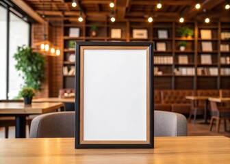 Frame mockup, Empty frame on a table in a cozy café with a bookshelf backdrop.