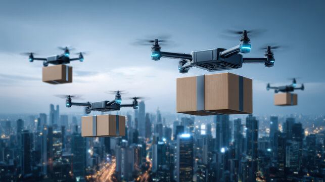 Futuristic cityscape drones delivering packages urban environment aerial view technology concept