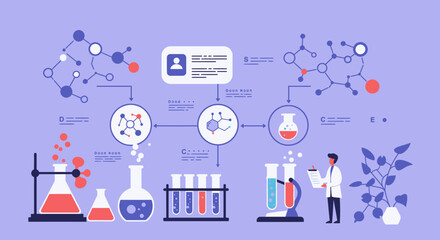Fototapeta premium Scientific Laboratory Illustration with Chemical Diagrams and Scientist.