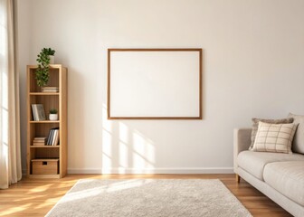 Frame mockup, Modern living room with minimalist decor and natural light.