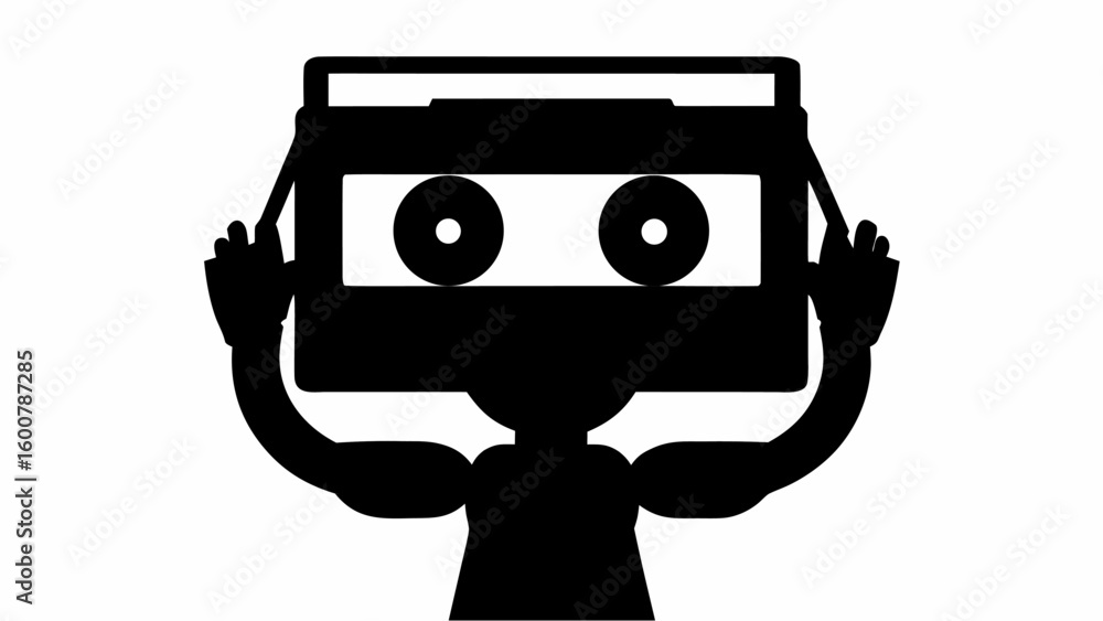 Poster silhouette of a person holding a rectangular object with two circles in front of their face overhead