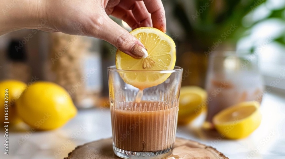Poster a hand squeezing a lemon over a glass of cacao water with a caption highlighting the additional elec