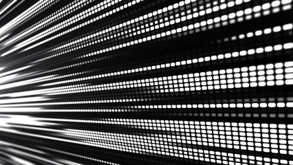 Digital flow. Dynamics of light and energy of pixels. The illustration shows a bright LED panel, where black and white stripes create the effect of movement and energy. Vector illustration.
