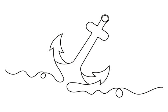 Ship anchor one line art continuous minimalist drawing isolated outline vector illustration