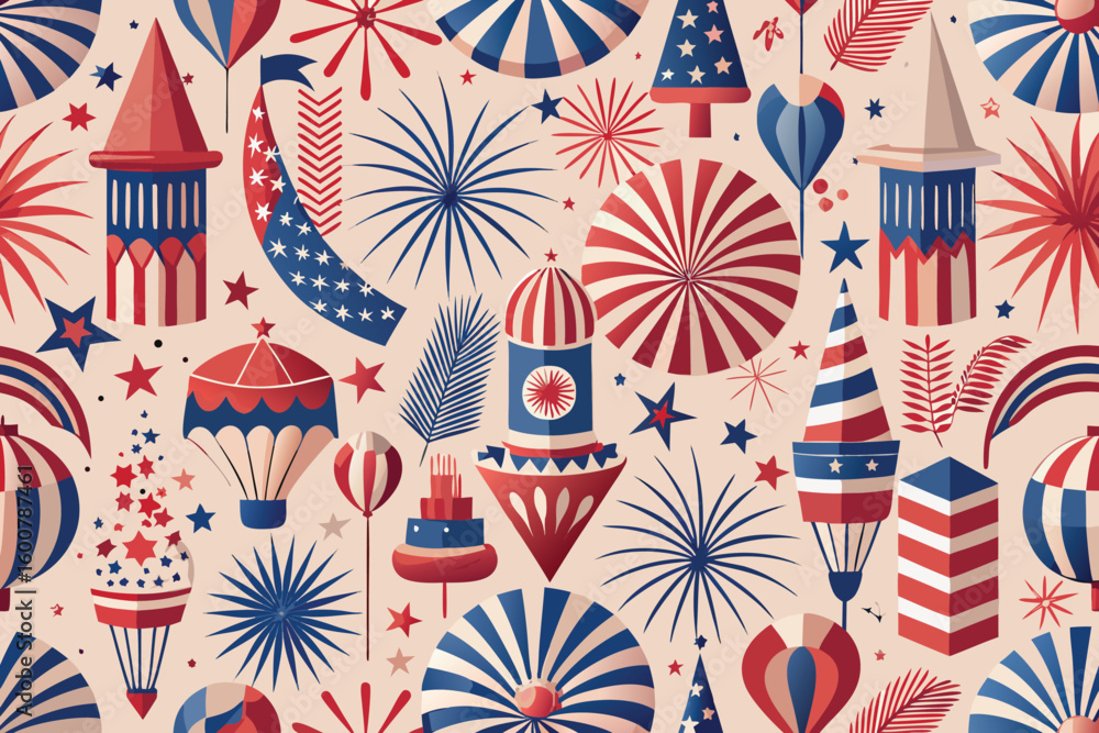 Poster seamless pattern design with colorful fireworks and a dog illustration element