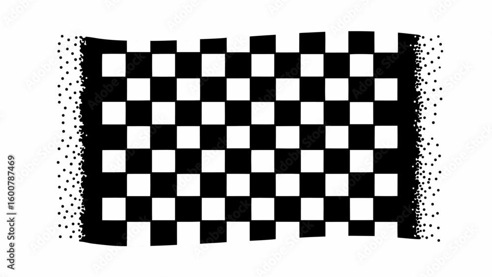 Poster checkered pattern with a distressed edge featuring black and white squares in a symmetrical design