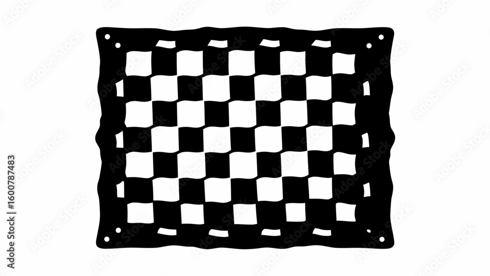 Poster a distorted black and white checkered pattern with an irregular border and corner grommets visible