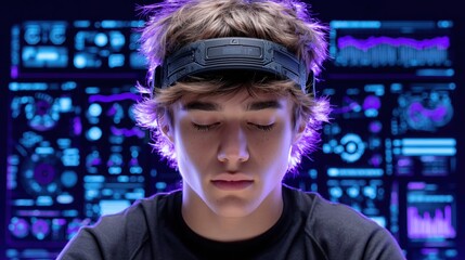 Young male gamer wearing a futuristic headset, immersed in virtual reality, with glowing digital interface and data visualizations in the background, showcasing advanced technology