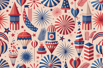 Seamless Pattern Design with Colorful Fireworks and a Dog Illustration Element
