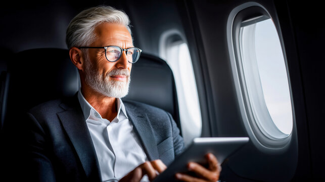 Senior man with gray hair and glasses is using a tablet while seated on an airplane, enjoying the travel experience with a view of the window and clouds outside