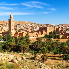 Obraz premium Ancient Moroccan city, palm trees, and a mosque