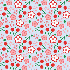 Cherry and flowers seamless vector pattern