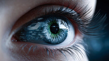 Naklejka premium Close-up of a human eye with digital circuitry reflected in the iris, showcasing the fusion of technology and biology, symbolizing innovation and futuristic vision