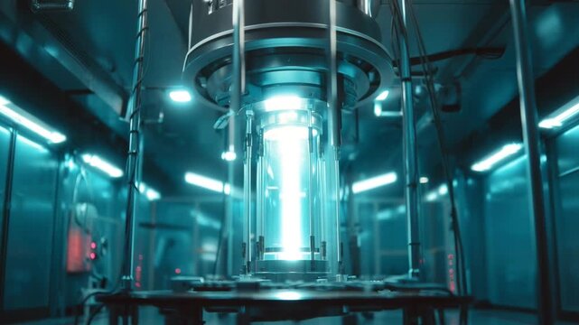 A glowing blue cylinder in a futuristic laboratory setting, suggesting a cryo chamber or experiment.
