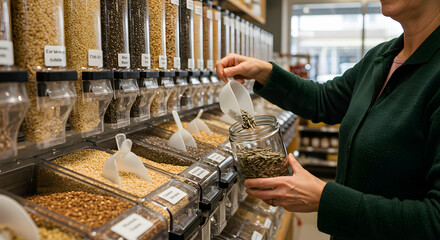 Woman filling a clear container with grains or seeds from a bulk dispenser in a grocery store, showcasing sustainable shopping.