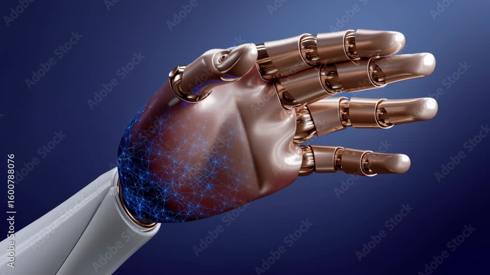 Poster futuristic robotic hand showcasing ai symbol and digital graphs, merging technology, automation, and