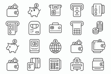 Hand drawn financial icons set featuring wallets atms piggy banks and cards
