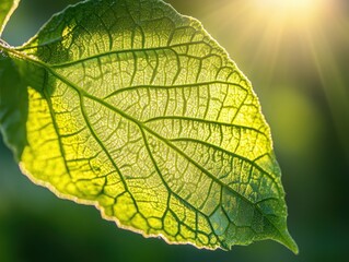 Obraz premium Close-up of a vibrant green leaf, bathed in sunlight. Intricate vein structure visible