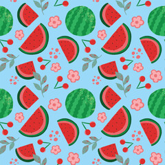 Watermelons and cherries seamless pattern illustration