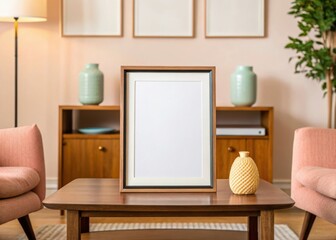 Frame mockup, Cozy living room setup with a blank frame and decorative items.
