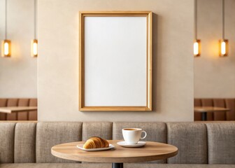 Frame mockup, Cozy café setting with a coffee, pastry, and blank wall art.