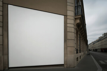 Blank white billboard on the side of a building in a european city