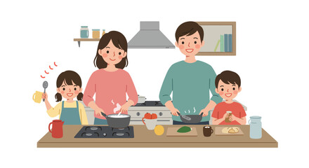 Family Cooking Together in a Kitchen Happy Illustration.