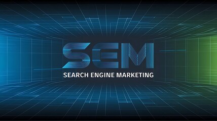 Sem search engine marketing text with blue and green gradient on a digital grid background design