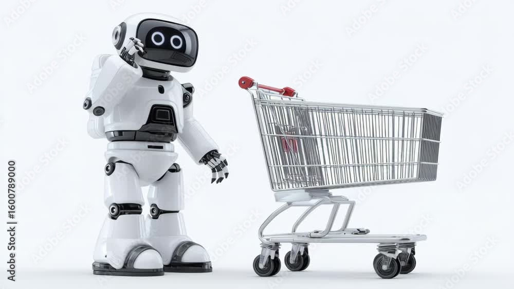 Poster futuristic robot beside empty shopping cart highlights advanced technology and automation modern ret