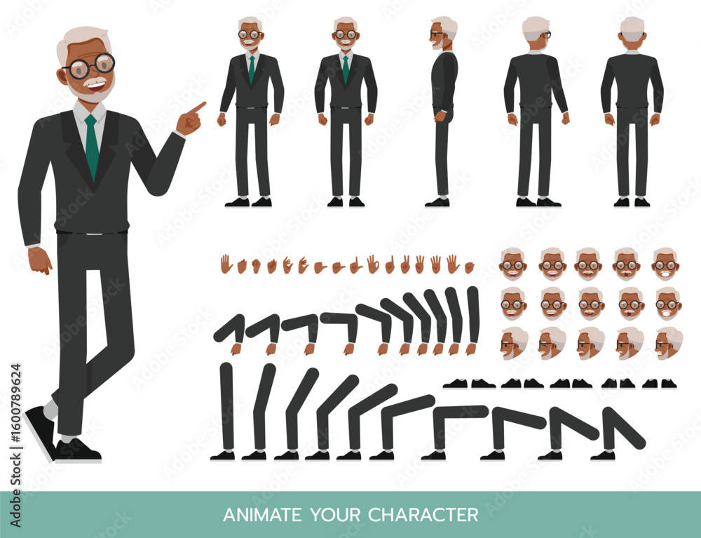 Poster businessman in grey suit with glasses character constructor. flat design vector kit with poses and e