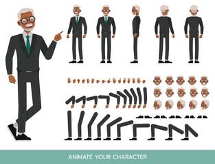 Businessman in grey suit with glasses character constructor. Flat design vector kit with poses and emotions for animation and explainer videos.