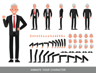 Businessman wear black suit character constructor. Flat design vector kit with poses and emotions for animation and explainer videos.
