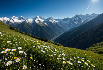 photo landscape peaceful meadow in the mountains with snow-capped peaks in the background