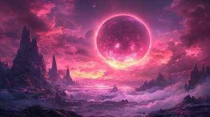 Crimson skies panorama, ethereal landscapes and celestial bodies art