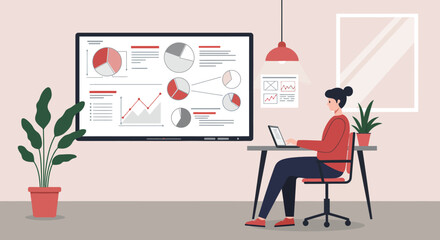 Woman Working on Laptop Analyzing Business Charts.