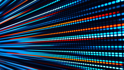 Digital flow. Light dynamics and pixel energy. The illustration shows a bright LED panel where bright multi-colored stripes create the effect of movement and energy. Vector illustration.