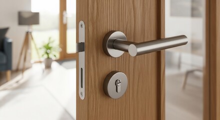Obraz premium Interior wooden door with modern handle and lock showcasing minimalist design