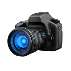 Fototapeta premium Professional dslr camera with a bright blue light emanating from the lens isolated on transparent background