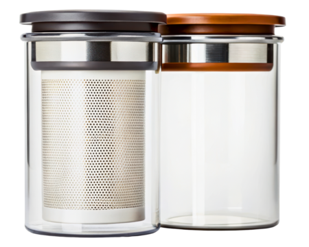 Modern glass tea brewing cups with a metal infuser filter on a transparent background