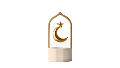 Golden Crescent Moon And Star Ornament Inside An Arch Against Transparent Background