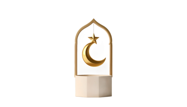 Golden Crescent Moon And Star Ornament Inside An Arch Against Transparent Background