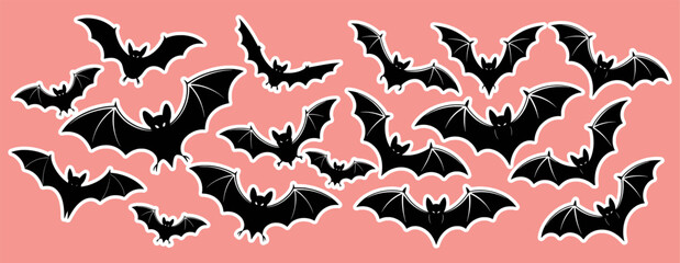 Black flying bats with outstretched wings on pink background silhouette vector