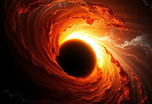 Swirling black hole, fiery core, cosmic dust and gas glow,  pattern,  gravity
