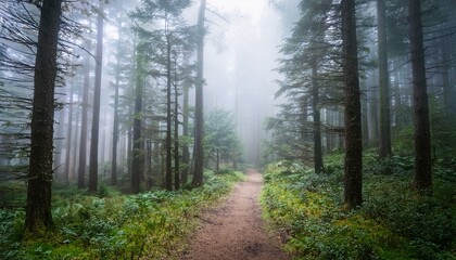 Obraz premium misty forest path through tall evergreens