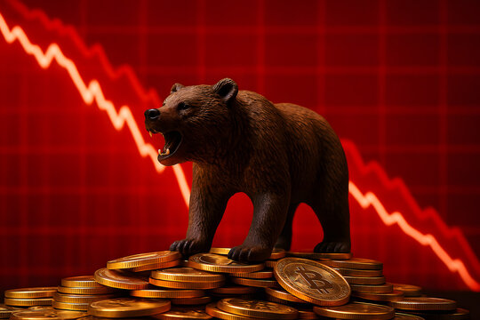 Bear market crash concept with aggressive brown bear standing on gold coins and red background, falling stock chart arrow, economic decline, financial risk, investment downturn, bearish market symbol
