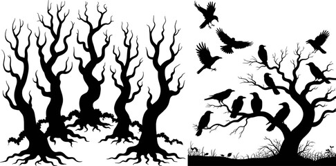 Black silhouette of bare trees and flying crows branches