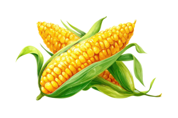 Two crossed ears of yellow corn with vibrant green leaves